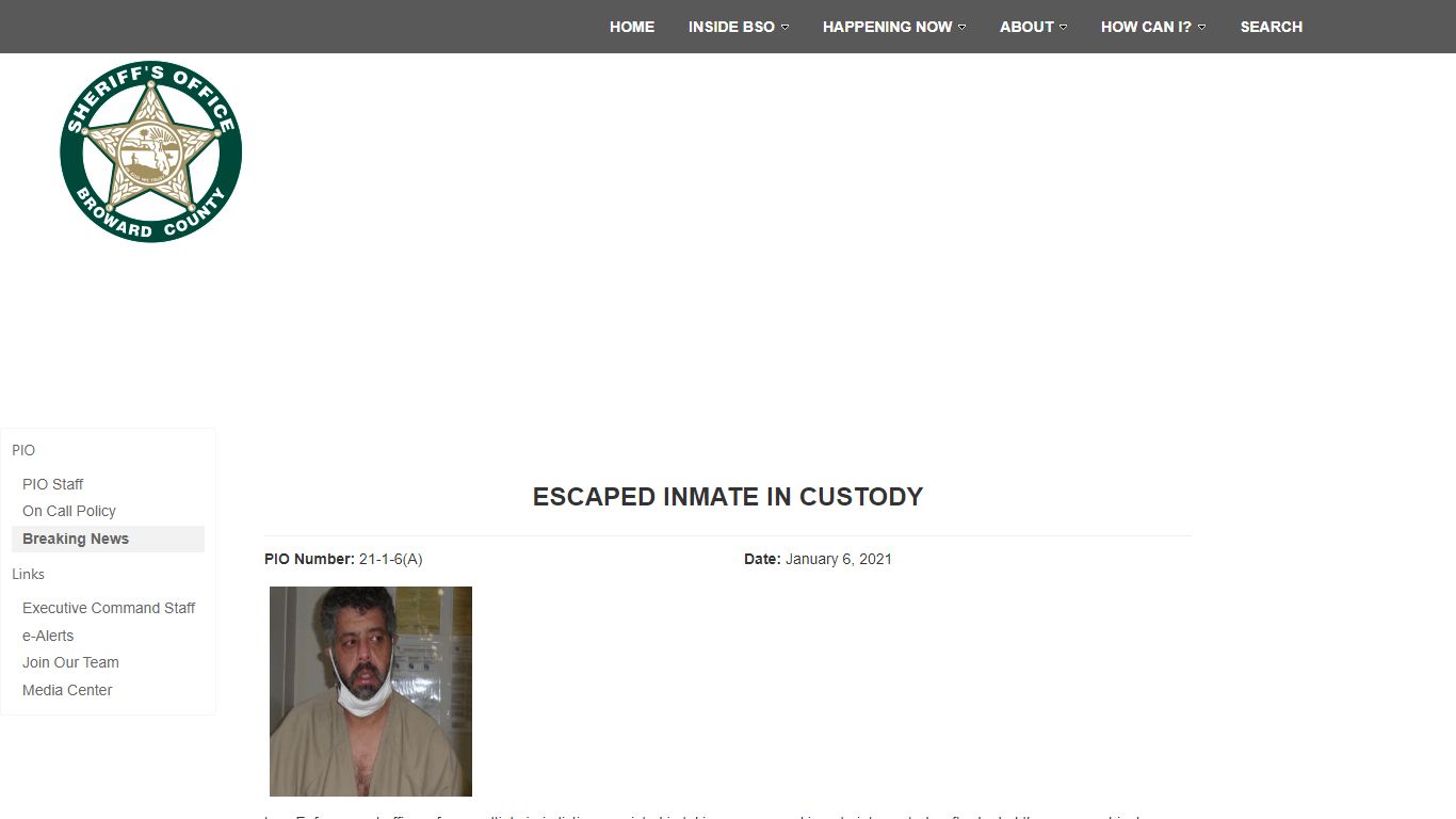 ESCAPED INMATE IN CUSTODY | Broward County